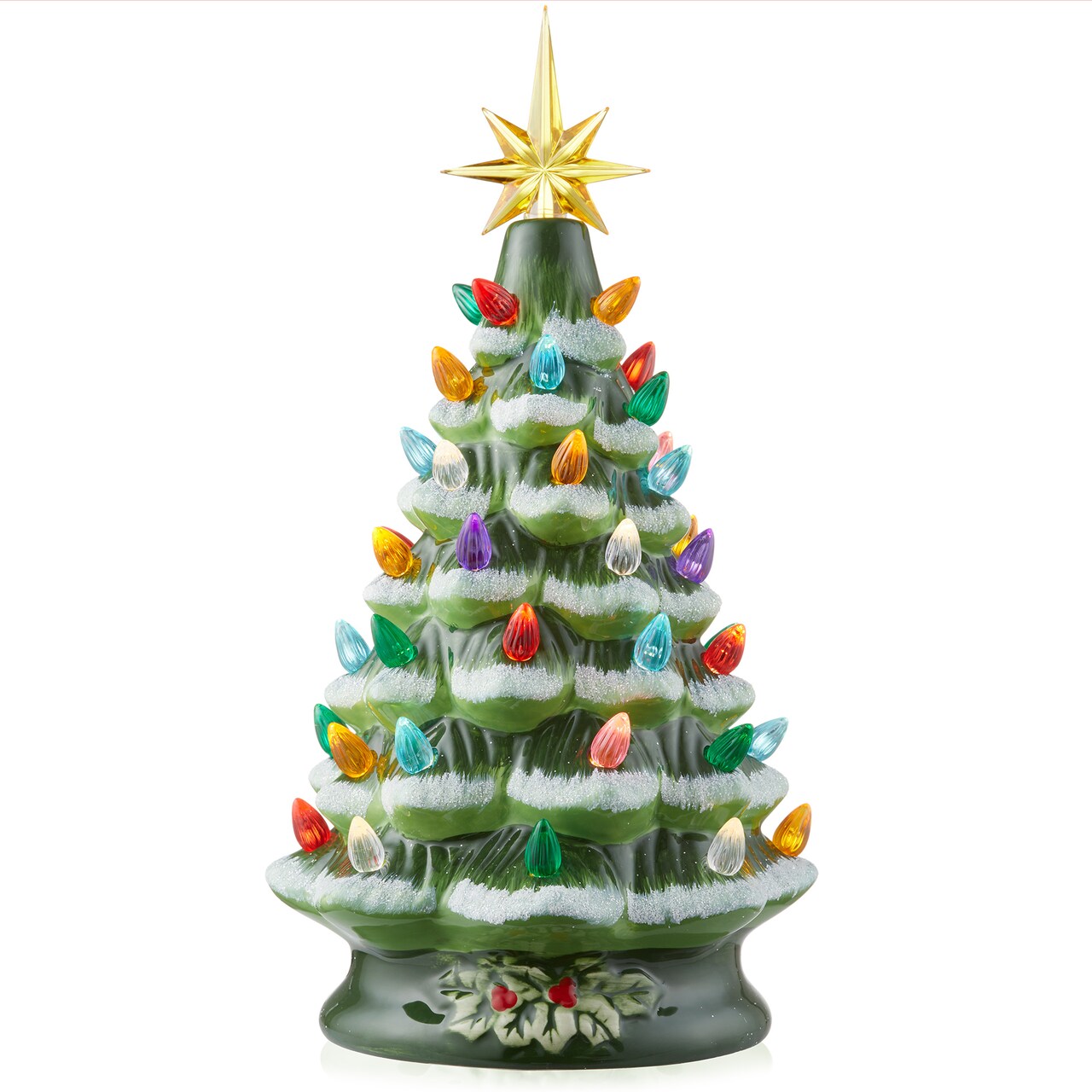 Casafield Hand Painted Ceramic Christmas Tree, 12-Inch Pre-Lit Tree with 100 Multi Color Lights and 2 Star Toppers